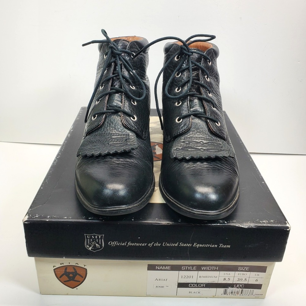 Ariat Women's Equestrian Ankle Boots Size 8.5B Josie Black Leather‎ Lace Up
